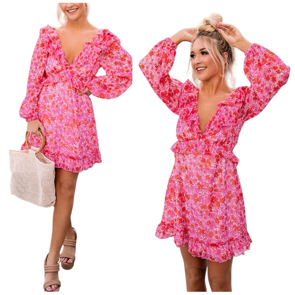 Aakaa Floral Flowy Ruffle V-Neck Puff Long Sleeve Mini Babydoll Dress